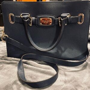 Michael Kors Navy Saffiano Leather Satchel with Gold Hardware